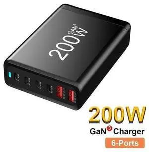 200W GaN USB C Quick Charge QC3.0 PD 3.0 TypeC 6-Port Supercharge Plug For iPad iPhone Samsung Xiaomi Universal Fast Charger - Black 200W GaN USB C Quick Charge QC3.0 PD 3.0 TypeC 6-Port Supercharge Plug For iPad iPhone Samsung Xiaomi Universal Fast Charger - Black