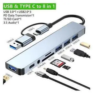 8 in 1 USB A Type C Hub 5Gbps USB C Multiport Adapter with 4 USB-A, 100W Power Delivery, SD/TF Card Reader 3.5mm Audio USB C Hub Compatible with MacBook Pro/Air, and Other USB C Laptops 8 in 1 USB A Type C Hub 5Gbps USB C Multiport Adapter with 4 USB-A, 100W Power Delivery, SD/TF Card Reader 3.5mm Audio USB C Hub Compatible with MacBook Pro/Air, and Other USB C Laptops