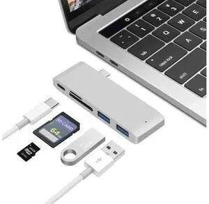 USB Type C Hub Adapter, 5 in 1 Multi-Port USB 3.0 Type-C Adapter with 2 USB 3.0 Port, SD/Micro Card Reader and USB-C Charging Port, Type-C USB for MacBook Pro and More - Aluminum -Silver USB Type C Hub Adapter, 5 in 1 Multi-Port USB 3.0 Type-C Adapter with 2 USB 3.0 Port, SD/Micro Card Reader and USB-C Charging Port, Type-C USB for MacBook Pro and More - Aluminum -Silver