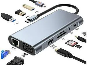 USB C Docking Station Hub 11 in 1, USB C Splitter Adapter with 4K HDMI, VGA, Gigabit, USB C, 3*USB 3.0 Ports, 100W USB-C PD, 3.5mm Aux Ports Adapter for Laptop and PC Computer USB C Docking Station Hub 11 in 1, USB C Splitter Adapter with 4K HDMI, VGA, Gigabit, USB C, 3*USB 3.0 Ports, 100W USB-C PD, 3.5mm Aux Ports Adapter for Laptop and PC Computer