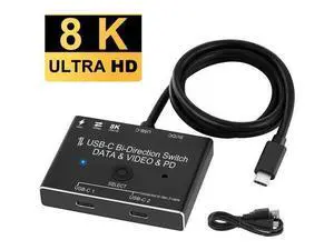 4K@120Hz 8K@30Hz Type-C 8K Bi-Directional Switch Splitter 1in 2out 2in 1out Converter Support Video Data PD 8K@30hz 100W 10Gbps 4K@120Hz 8K@30Hz Type-C 8K Bi-Directional Switch Splitter 1in 2out 2in 1out Converter Support Video Data PD 8K@30hz 100W 10Gbps