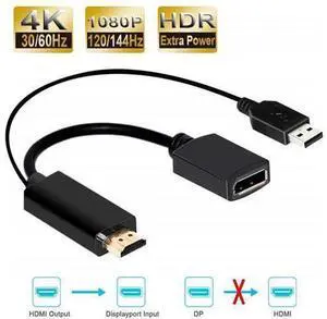 4K@60Hz HDMI to DisplayPort (DP) Adapter, Gold-Plated Uni-Directional HDMI PC to Display Port Screen Converter (Male to Female) Compatible with More, Active, Black 4K@60Hz HDMI to DisplayPort (DP) Adapter, Gold-Plated Uni-Directional HDMI PC to Display Port Screen Converter (Male to Female) Compatible with More, Active, Black