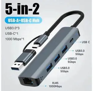 USB-A USB-C to Ethernet Adapter, 5-in-2 Portable Data Hub USB Splitter USB 3.0 Expander with RJ45 Gigabit Ethernet LAN Network Adapter Support Windows 7/8/10/11,Mac OS, Surface Pro USB-A USB-C to Ethernet Adapter, 5-in-2 Portable Data Hub USB Splitter USB 3.0 Expander with RJ45 Gigabit Ethernet LAN Network Adapter Support Windows 7/8/10/11,Mac OS, Surface Pro