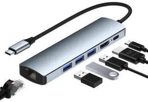 XJYLCPC 6 in 1 USB Hub Ethernet, Portable Multiport Adapter, USB-C to 4K HDMI, 3*USB3.0, 1Gbps LAN, 100W PD Charging Compatible for MacBook Pro and Type C Devices-Mac/iPad Pro XJYLCPC 6 in 1 USB Hub Ethernet, Portable Multiport Adapter, USB-C to 4K HDMI, 3*USB3.0, 1Gbps LAN, 100W PD Charging Compatible for MacBook Pro and Type C Devices-Mac/iPad Pro