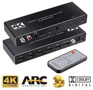 HDMI Switch 4x2 with Audio Extractor 4K@60Hz Ultra HD HDMI Switcher with Optical TOSLINK SPDIF R/L 3.5mm Audio Coaxial Support ARC Function 3D 1080P@120Hz4Kx2k @60Hz HDTV(Remote Control) HDMI Switch 4x2 with Audio Extractor 4K@60Hz Ultra HD HDMI Switcher with Optical TOSLINK SPDIF R/L 3.5mm Audio Coaxial Support ARC Function 3D 1080P@120Hz4Kx2k @60Hz HDTV(Remote Control)