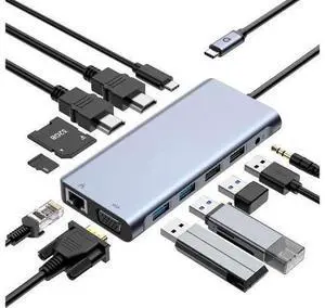 XJYLCPC Triple Monitor USB C Laptop Docking Station, USB C Hub Multiport Adapter Dongle Dock with 2 HDMI, VGA, PD Charging,Ethernet,4 USB-A Ports,SD/TF,Audio, Compatible for Type-C Laptops XJYLCPC Triple Monitor USB C Laptop Docking Station, USB C Hub Multiport Adapter Dongle Dock with 2 HDMI, VGA, PD Charging,Ethernet,4 USB-A Ports,SD/TF,Audio, Compatible for Type-C Laptops