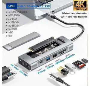 XJYLCPC M.2 NVMe SSD Enclosure Docking Station - 4K HDMI, 100W PD, 10Gbps USB C/USB-A Gen 3.2/3.1, SD/TF, USB2.0 - M.2 Dock - USB-C Hub for Laptop/Mac - Grey XJYLCPC M.2 NVMe SSD Enclosure Docking Station - 4K HDMI, 100W PD, 10Gbps USB C/USB-A Gen 3.2/3.1, SD/TF, USB2.0 - M.2 Dock - USB-C Hub for Laptop/Mac - Grey