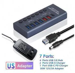 XJYLCPC Powered USB Hub 3.0, 7-Port USB 3.0 Hub, 4 USB 3.0 Data Transmission Ports + 2 Smart Charging Ports + 1 PD Charging Port with Individual On/Off Switches with Power Adapter for Laptop PC XJYLCPC Powered USB Hub 3.0, 7-Port USB 3.0 Hub, 4 USB 3.0 Data Transmission Ports + 2 Smart Charging Ports + 1 PD Charging Port with Individual On/Off Switches with Power Adapter for Laptop PC
