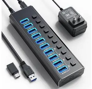 XJYLCPC Powered USB Hub, 10-Port USB 3.0 Hub Splitter (10 USB 3.0 Data Ports with 4 Smart Charging ) with Individual LED On/Off Switches, USB Hub 3.0 Powered with 48W AC Adapter for Mac, PC XJYLCPC Powered USB Hub, 10-Port USB 3.0 Hub Splitter (10 USB 3.0 Data Ports with 4 Smart Charging ) with Individual LED On/Off Switches, USB Hub 3.0 Powered with 48W AC Adapter for Mac, PC