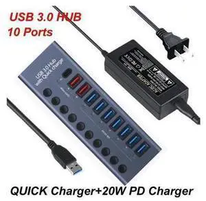 XJYLCPC Powered USB Hub 3.0, 10-Port USB 3.0 Hub, 7 USB 3.0 Data Transmission Ports + 2 Smart Charging Ports + 1 PD Charging Port with Individual On/Off Switches with Power Adapter for Laptop PC XJYLCPC Powered USB Hub 3.0, 10-Port USB 3.0 Hub, 7 USB 3.0 Data Transmission Ports + 2 Smart Charging Ports + 1 PD Charging Port with Individual On/Off Switches with Power Adapter for Laptop PC