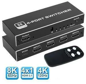 8K HDMI 2.1 Switch,4 in 1 Out HDMI Switcher Box with IR Remote Control,4 Port HDMI 2.1 Switcher Selector Support for 8K@60Hz, 4K@120Hz,Compatible for Xbox,PS4/5,Laptop,Blue-ray Player 8K HDMI 2.1 Switch,4 in 1 Out HDMI Switcher Box with IR Remote Control,4 Port HDMI 2.1 Switcher Selector Support for 8K@60Hz, 4K@120Hz,Compatible for Xbox,PS4/5,Laptop,Blue-ray Player