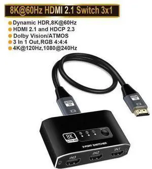 8K@60Hz HDMI Switch, LUOM 3 Port HDMI Switch 3 in 1 Out, 3x1 HDMI2.1 Switch Box, Supports HDCP 2.3, UltraHD, HDR 10, 8K HDMI Selector Switcher for Game Consoles, Fire Stick 8K@60Hz HDMI Switch, LUOM 3 Port HDMI Switch 3 in 1 Out, 3x1 HDMI2.1 Switch Box, Supports HDCP 2.3, UltraHD, HDR 10, 8K HDMI Selector Switcher for Game Consoles, Fire Stick