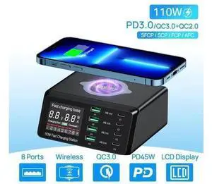 110W Charging Station with Wireless Charging, 8-Port USB Charging Station, Desktop Laptop Charger Portable USB-C Power Adapter for iPhone iPad Tablets Smartphones, Home Office Use 110W Charging Station with Wireless Charging, 8-Port USB Charging Station, Desktop Laptop Charger Portable USB-C Power Adapter for iPhone iPad Tablets Smartphones, Home Office Use