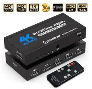 HDMI Switch 5x1 HDMI Switcher 5 in 1 Out HDMI Switch Selector 5 Port Box with IR Remote Control HDMI 2.0 HDCP 2.2 Support 4K@60Hz Ultra HD 3D 2160P 1080P, OZQ3-4 HDMI Switch 5x1 HDMI Switcher 5 in 1 Out HDMI Switch Selector 5 Port Box with IR Remote Control HDMI 2.0 HDCP 2.2 Support 4K@60Hz Ultra HD 3D 2160P 1080P, OZQ3-4