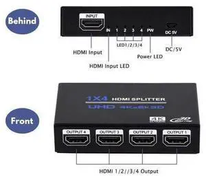 HDMI Splitter 1 in 4 Out 4K 4 Port HDMI Splitter Powered Video Splitter 4 Outputs w/ AC Adapter, Duplicate/Mirror Screens for Fire Stick/Roku/DirecTV/Cable Box/Security Cameras HDMI Splitter 1 in 4 Out 4K 4 Port HDMI Splitter Powered Video Splitter 4 Outputs w/ AC Adapter, Duplicate/Mirror Screens for Fire Stick/Roku/DirecTV/Cable Box/Security Cameras