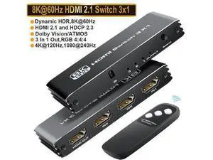 8K 3x1 HDMI 2.1 Switch 4K @ 120hz Switcher 3 in 1 Out, Support HDR, HDR10, Dolby Vision, HLG 48Gbps for Xbox Series X PS5 Ro-ku Fire TV Monitor Projector Dolby 8K 3x1 HDMI 2.1 Switch 4K @ 120hz Switcher 3 in 1 Out, Support HDR, HDR10, Dolby Vision, HLG 48Gbps for Xbox Series X PS5 Ro-ku Fire TV Monitor Projector Dolby