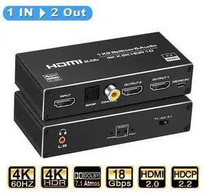 4K@60Hz HDMI Splitter with Audio Extractor 1x2 8:8:8,18 Gbps,Supports HDMI2.0b,HDCP 2.2,Duplicate/Mirror/Copy,HDR,Dolby Vision Atmos,4K HDMI Splitter 1 in 2 Out for HDTV, Xbox, PS5/4/3 4K@60Hz HDMI Splitter with Audio Extractor 1x2 8:8:8,18 Gbps,Supports HDMI2.0b,HDCP 2.2,Duplicate/Mirror/Copy,HDR,Dolby Vision Atmos,4K HDMI Splitter 1 in 2 Out for HDTV, Xbox, PS5/4/3