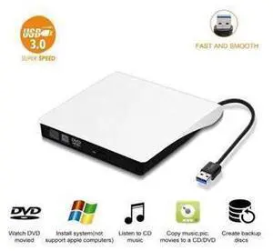 External CD Drive USB 3.0 Portable CD DVD +/-RW Drive Slim DVD/CD ROM Rewriter Burner Writer Compatible with Laptop Desktops Win 7, 8, 10, Mac OS and Linux OS (White) External CD Drive USB 3.0 Portable CD DVD +/-RW Drive Slim DVD/CD ROM Rewriter Burner Writer Compatible with Laptop Desktops Win 7, 8, 10, Mac OS and Linux OS (White)