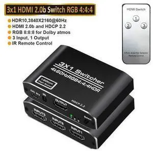 4K 60Hz HDMI Switch, 4K@60Hz HDMI Switcher (3 input 1 Output) with Remote Control, Auto Switch, HDMI 2.0, HDCP 2.2, HDR, Full HD, 3D for PS5/PS4/Xbox/Roku/Apple TV - OZQ3-1 4K 60Hz HDMI Switch, 4K@60Hz HDMI Switcher (3 input 1 Output) with Remote Control, Auto Switch, HDMI 2.0, HDCP 2.2, HDR, Full HD, 3D for PS5/PS4/Xbox/Roku/Apple TV - OZQ3-1