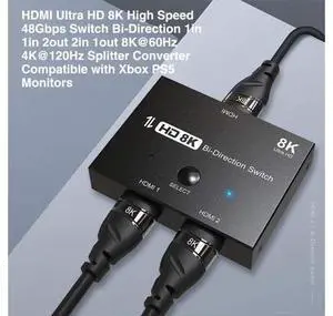 Ultra HD 8K Switcher Bi-Direction, HDMI 2.1 Switcher 2 in 1 out/1 in 2 out 8K@60Hz 4K@120Hz Ultra HD KVM Switcher 2x1 1x2 Adapter for PS4/5 TV Box HDTV Xbox Projector Ultra HD 8K Switcher Bi-Direction, HDMI 2.1 Switcher 2 in 1 out/1 in 2 out 8K@60Hz 4K@120Hz Ultra HD KVM Switcher 2x1 1x2 Adapter for PS4/5 TV Box HDTV Xbox Projector