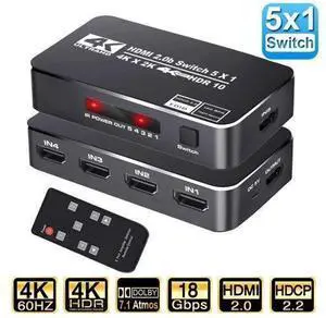 Switcher HDMI 2.0-compatible 5 in 1 out 4K 60Hz 2K 120Hz Switch Splitter adapter IR Remote For PS5 PS4 Projector Supports Ultra HD Dolby Vision, 18.5Gbps, HDR10, HDCP 2.2 & 3D - OZQ3-3 Switcher HDMI 2.0-compatible 5 in 1 out 4K 60Hz 2K 120Hz Switch Splitter adapter IR Remote For PS5 PS4 Projector Supports Ultra HD Dolby Vision, 18.5Gbps, HDR10, HDCP 2.2 & 3D - OZQ3-3