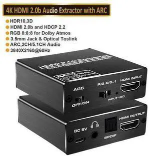 Aluminum Shell 4K@60Hz HDMI 2.0 Audio Extractor HDMI-ARC Converter SPDIF + 3.5MM Output 18Gbps, HDCP 2.2, 1080P@120Hz, 1080P@144Hz, Compatible with Dolby_Digital/DTS CEC HDR10,(OZV8-1) Aluminum Shell 4K@60Hz HDMI 2.0 Audio Extractor HDMI-ARC Converter SPDIF + 3.5MM Output 18Gbps, HDCP 2.2, 1080P@120Hz, 1080P@144Hz, Compatible with Dolby_Digital/DTS CEC HDR10,(OZV8-1)