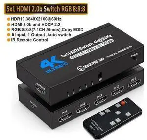 4K@60Hz HDMI Switch 5 in 1 Out 4K@60Hz HDMI Splitter with Remote 5 Port HDMI Switcher Selector Support 3D 4K HDR HDCP2.2 Compatible with PS5/4/3 Xbox Nintendo Switch Roku TV Fire Stick 4K@60Hz HDMI Switch 5 in 1 Out 4K@60Hz HDMI Splitter with Remote 5 Port HDMI Switcher Selector Support 3D 4K HDR HDCP2.2 Compatible with PS5/4/3 Xbox Nintendo Switch Roku TV Fire Stick