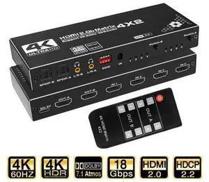 4K 4 in 2 Out HDMI Matrix Switch, 4X2 HDMI Switcher with Audio Extractor UltraHD Supports Up to 4K @ 60Hz IR EDID HDCP 2.2 HDR10,2xSPDIF Audio, 2x3.5mm L/R Audio - Remote Control (OZJ1) 4K 4 in 2 Out HDMI Matrix Switch, 4X2 HDMI Switcher with Audio Extractor UltraHD Supports Up to 4K @ 60Hz IR EDID HDCP 2.2 HDR10,2xSPDIF Audio, 2x3.5mm L/R Audio - Remote Control (OZJ1)