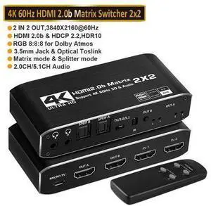 4K@60Hz HDMI Matrix Switch Splitter 2 in 2 Out with Remote, 2x2 HDMI Splitter Switcher 4K with SPDIF & 3.5mm Audio, Support 4K,3D, 1080p,HDCP2.2, HDR 10 for PS4,Xbox,Fire Stick,etc 4K@60Hz HDMI Matrix Switch Splitter 2 in 2 Out with Remote, 2x2 HDMI Splitter Switcher 4K with SPDIF & 3.5mm Audio, Support 4K,3D, 1080p,HDCP2.2, HDR 10 for PS4,Xbox,Fire Stick,etc