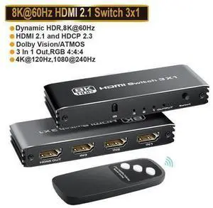 8K HDMI Switch 3in1 Out 3 Port HDMI Splitter with IR Remote HDMI Switcher Selector Box Support 8K@60Hz 4K@120Hz HDMI 2.1Switch Compatible with PS 5/4/3 Xbox Switch Ro-ku TV Fire Stick PC 8K HDMI Switch 3in1 Out 3 Port HDMI Splitter with IR Remote HDMI Switcher Selector Box Support 8K@60Hz 4K@120Hz HDMI 2.1Switch Compatible with PS 5/4/3 Xbox Switch Ro-ku TV Fire Stick PC