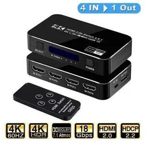 4K@60Hz HDMI Switch 4in1 Out w/IR Remote Control 4Port Switcher Selector Box for Xbox Nintendo PS4 PS5TV Fire Stick Roku Supports Ultra HD Dolby Vision 18.5Gbps HDR10 HDCP 2.2 & 3D OZQ5 4K@60Hz HDMI Switch 4in1 Out w/IR Remote Control 4Port Switcher Selector Box for Xbox Nintendo PS4 PS5TV Fire Stick Roku Supports Ultra HD Dolby Vision 18.5Gbps HDR10 HDCP 2.2 & 3D OZQ5