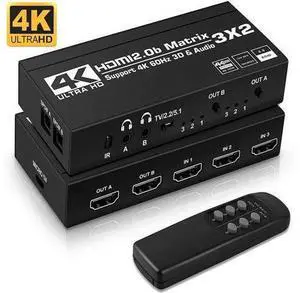 3x2 HDMI Matrix 4K@60Hz 3 in 2 Out HDMI Switch Splitter with IR Remote HDMI Matrix Switch + 2xOptical + 2x3.5mm Audio Output, Support HDMI2.0 HDCP2.2 Auto Downscaler 3D Audio Extractor 3x2 HDMI Matrix 4K@60Hz 3 in 2 Out HDMI Switch Splitter with IR Remote HDMI Matrix Switch + 2xOptical + 2x3.5mm Audio Output, Support HDMI2.0 HDCP2.2 Auto Downscaler 3D Audio Extractor