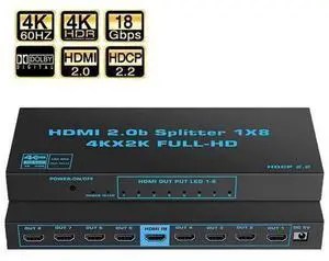 HDMI Splitter 1 in 8 Out -4K Hdmi Splitter 1x8 Ports v2.0 Powered 4K/2K@60hz Full Ultra HD 1080p US Adapter 3D Support 3D HDCP2.2, RGB 4:4:4, 18.5Gbps for Xbox, PS5, Fire Stick, Roku HDMI Splitter 1 in 8 Out -4K Hdmi Splitter 1x8 Ports v2.0 Powered 4K/2K@60hz Full Ultra HD 1080p US Adapter 3D Support 3D HDCP2.2, RGB 4:4:4, 18.5Gbps for Xbox, PS5, Fire Stick, Roku