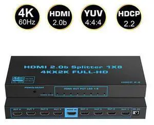 HDMI Splitter 4K 60Hz 1X8 Multi-Resolution Output, HDMI 2.0 Splitter Supports HDR HDR10 / Dolby Vision 4K@60Hz 4:4:4 HDCP2.2 for Xbox PS5/4 Roku Blu-Ray Player Apple TV HDMI Splitter 4K 60Hz 1X8 Multi-Resolution Output, HDMI 2.0 Splitter Supports HDR HDR10 / Dolby Vision 4K@60Hz 4:4:4 HDCP2.2 for Xbox PS5/4 Roku Blu-Ray Player Apple TV