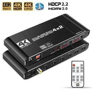 4x2 HDMI 4K Matrix Switch/Splitter 4-Input 2-Output with Remote Control Supports Ultra HD 4K@60Hz 4:4:4 HDR YUV HDMI 2.0 HDCP 2.2 3D, 1080p 18GBPS - ARC/SPDIF Coaxial 3.5mm Stereo Audio 4x2 HDMI 4K Matrix Switch/Splitter 4-Input 2-Output with Remote Control Supports Ultra HD 4K@60Hz 4:4:4 HDR YUV HDMI 2.0 HDCP 2.2 3D, 1080p 18GBPS - ARC/SPDIF Coaxial 3.5mm Stereo Audio