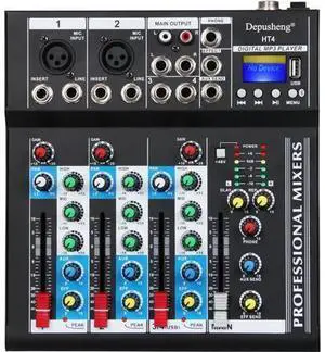 HT4 Bluetooth Compatible Professional Portable Digital DJ Console w/USB 4 Channel Mixer Audio Interface-Mixing Boards For Studio Recording, Black HT4 Bluetooth Compatible Professional Portable Digital DJ Console w/USB 4 Channel Mixer Audio Interface-Mixing Boards For Studio Recording, Black