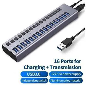 XJYLCPC 16-Port USB 3.0 Hub with 16 Data Ports & Charging Port, Individual On/Off Switches and 12V/7.5A Adapter XJYLCPC 16-Port USB 3.0 Hub with 16 Data Ports & Charging Port, Individual On/Off Switches and 12V/7.5A Adapter