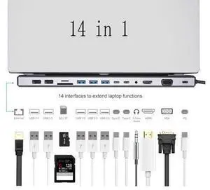 USB C Docking Station Adapter, USB C Laptop Docking Station 14 in 1 Dual Display Multiport Dongle, Type C Hub with VGA,Gigablit, HDMI, 87W PD, 5 USB,3.5mm Audio and SD/TF Card Reader for USB C Docking Station Adapter, USB C Laptop Docking Station 14 in 1 Dual Display Multiport Dongle, Type C Hub with VGA,Gigablit, HDMI, 87W PD, 5 USB,3.5mm Audio and SD/TF Card Reader for