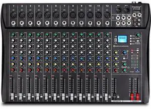 DT12 Studio Audio Mixer 12-Channel DJ Sound Controller Interface w/USB Drive for Computer Recording Input, XLR Microphone Jack, 48V Power, RCA Input/Output for Professional and Beginners DT12 Studio Audio Mixer 12-Channel DJ Sound Controller Interface w/USB Drive for Computer Recording Input, XLR Microphone Jack, 48V Power, RCA Input/Output for Professional and Beginners