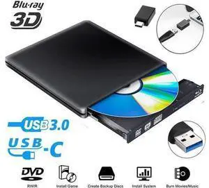 External DVD CD Blu-ray Drive USB 3.0/USB-C BD 3D Blu-ray Player Portable DVD/CD-ROM BD-ROM Burner. High-Speed Data Transfer, Compatible with PC Laptops Desktops, Black External DVD CD Blu-ray Drive USB 3.0/USB-C BD 3D Blu-ray Player Portable DVD/CD-ROM BD-ROM Burner. High-Speed Data Transfer, Compatible with PC Laptops Desktops, Black