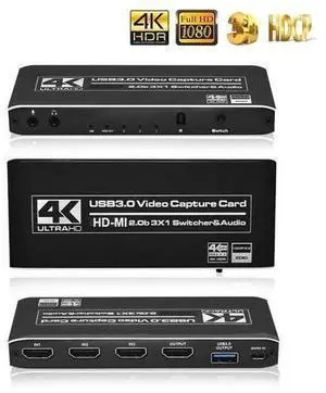 4K@60Hz 3X1 HDMI Video Capture Card with Mic & 3.5mm Audio 4K 60fps Board Game Capture Card USB3.0/Type-C Recorder Box Device for Live Streaming Video Recording Loop Out 4K@60Hz 3X1 HDMI Video Capture Card with Mic & 3.5mm Audio 4K 60fps Board Game Capture Card USB3.0/Type-C Recorder Box Device for Live Streaming Video Recording Loop Out