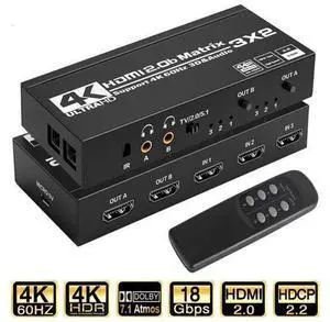 HDMI Matrix 3x2 4K HDMI Matrix Switch 3in2 Out Switcher Splitter Box with 2xSPDIF Audio 2x3.5mm L/R Audio and IR Remote Control Support Ultra 4K HDR,4Kx2K@60Hz 3D,1080PHDMI 2.0b HDCP 2.2 HDMI Matrix 3x2 4K HDMI Matrix Switch 3in2 Out Switcher Splitter Box with 2xSPDIF Audio 2x3.5mm L/R Audio and IR Remote Control Support Ultra 4K HDR,4Kx2K@60Hz 3D,1080PHDMI 2.0b HDCP 2.2
