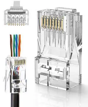 Cat6 RJ45 Pass Through Connectors, 100-Pack Cat6/Cat5e Gold Plated Modular Plug Unshielded Crimp Connector for Solid or Stranded UTP Ethernet Cable Cat6 RJ45 Pass Through Connectors, 100-Pack Cat6/Cat5e Gold Plated Modular Plug Unshielded Crimp Connector for Solid or Stranded UTP Ethernet Cable