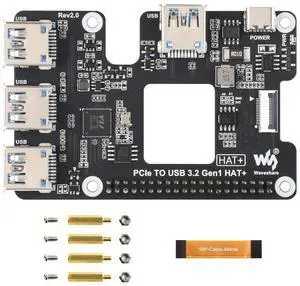 PCIe to USB 3.2 Gen1 HAT for Raspberry Pi 5, PCIe to USB HUB, 4X High Speed USB Ports, No Driver Required, Plug and Play, HAT + Standard PCIe to USB 3.2 Gen1 HAT for Raspberry Pi 5, PCIe to USB HUB, 4X High Speed USB Ports, No Driver Required, Plug and Play, HAT + Standard