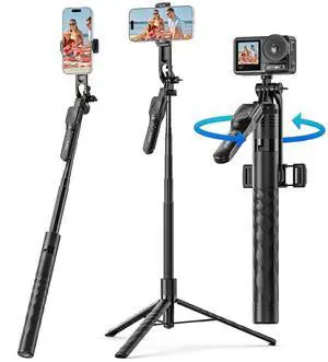 69" Phone Tripod, Selfie Stick Tripod for iPhone with Wireless Remote Control, 360° Rotatable Phone Holder for Vlogging, Video Recording, Extendable Stand for Cell Phone Camera GoPro 69" Phone Tripod, Selfie Stick Tripod for iPhone with Wireless Remote Control, 360° Rotatable Phone Holder for Vlogging, Video Recording, Extendable Stand for Cell Phone Camera GoPro