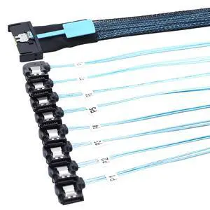 MCIO PCIe Slimline SFF-8654 8i to 8* SATA 7P Left Angle Female Hard Drive Converter Cable 32AWG High Speed Server Internal Harness (0.5M) MCIO PCIe Slimline SFF-8654 8i to 8* SATA 7P Left Angle Female Hard Drive Converter Cable 32AWG High Speed Server Internal Harness (0.5M)