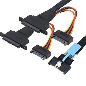 PCIe 5.0 Slimline MCIO 8i 74P to Dual SFF-8639 Cable with 15-Pin Power Connectors High-Speed 32Gbps Server Data Cable Compatible with U.2 SSDs and Storage Systems (0.5M/19.68in) PCIe 5.0 Slimline MCIO 8i 74P to Dual SFF-8639 Cable with 15-Pin Power Connectors High-Speed 32Gbps Server Data Cable Compatible with U.2 SSDs and Storage Systems (0.5M/19.68in)