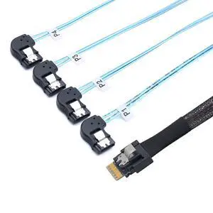 PCIE Slimline SAS 4.0 SFF-8654 38Pin to 4* SATA 7Pin Left Angle Cable High Speed 30AWG Server Data Transfer Cable Compatible with RAID Controller, HDD, SSD (1m/39.37in) PCIE Slimline SAS 4.0 SFF-8654 38Pin to 4* SATA 7Pin Left Angle Cable High Speed 30AWG Server Data Transfer Cable Compatible with RAID Controller, HDD, SSD (1m/39.37in)