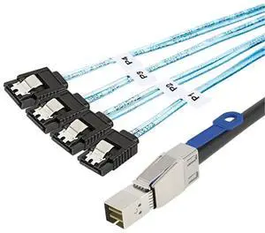 Mini SAS HD SFF-8644 with IC to 4 x SATA 7-Pin Cable 6Gbps High-Speed Server Hard Drive Interconnect, 28AWG Copper Wire (1m) Mini SAS HD SFF-8644 with IC to 4 x SATA 7-Pin Cable 6Gbps High-Speed Server Hard Drive Interconnect, 28AWG Copper Wire (1m)