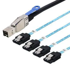 Mini SAS HD SFF-8644 with IC to 4 x SATA 7-Pin Cable 6Gbps High-Speed Server Hard Drive Interconnect, 28AWG Copper Wire (0.5m) Mini SAS HD SFF-8644 with IC to 4 x SATA 7-Pin Cable 6Gbps High-Speed Server Hard Drive Interconnect, 28AWG Copper Wire (0.5m)